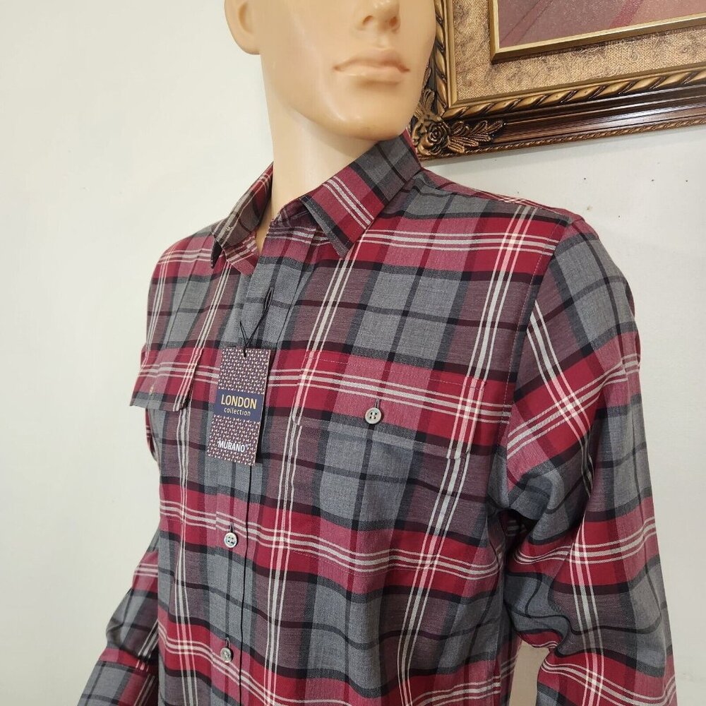 Murano Men's Size L Shirt  London Collection Slim Fit gray/red plaid casual -(28 - Picture 3 of 11